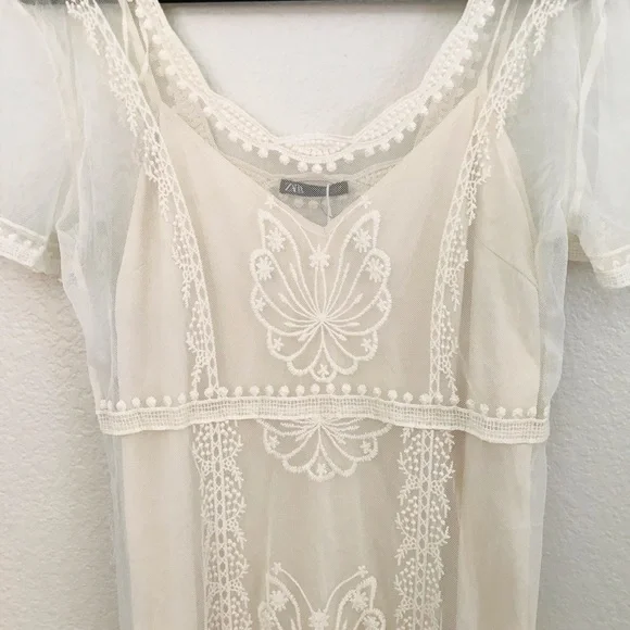 Zara Embroidered Long Sheer Dress in Ivory Sz Large. - Picture 5 of 6